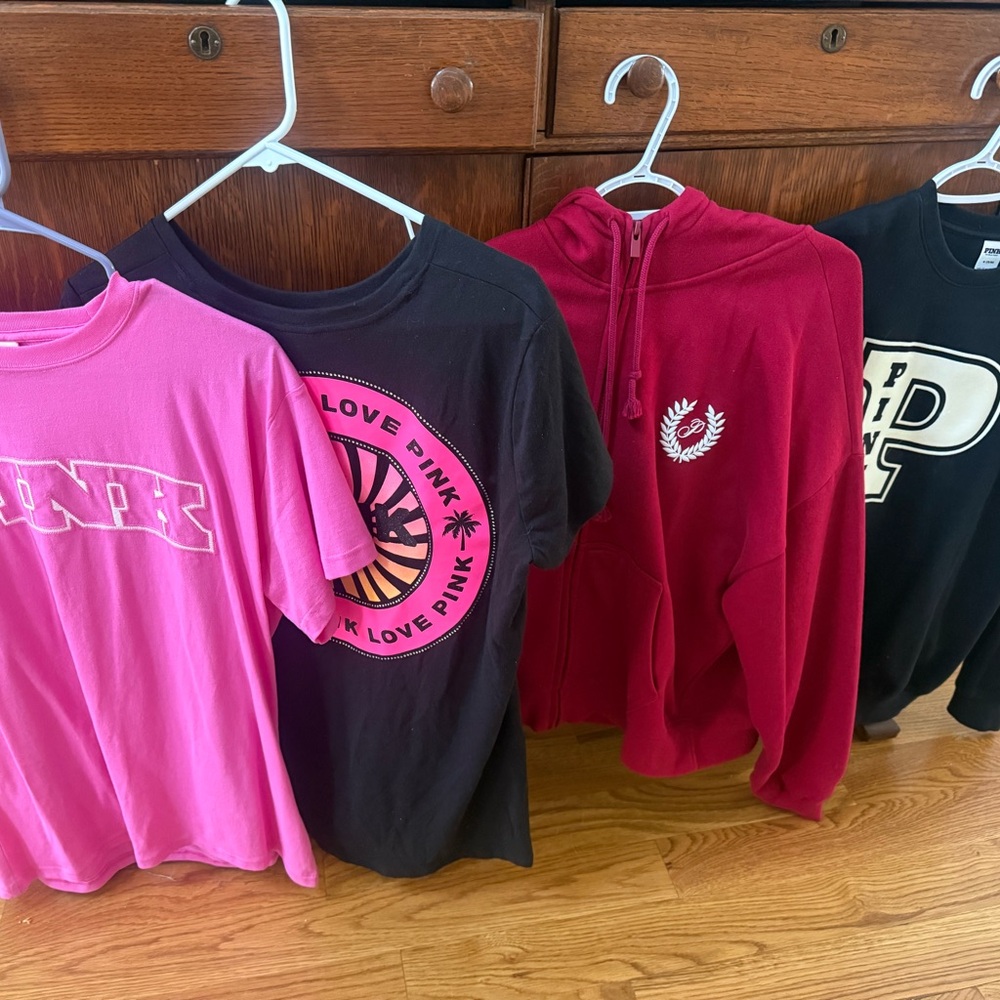 Victoria secret pink 2 tee shirts. sweatshirt and 1 jacket size M
